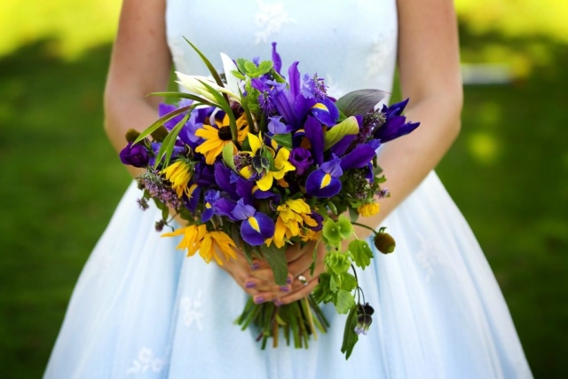 Natural English country garden style September wedding flowers in blue purple and yellow. Bride's bouquet by Tuckshop Flowers, Birmingham. Wethele Manor. Wedding flowers for Warwickshire, Worcestershire and the West Midlands